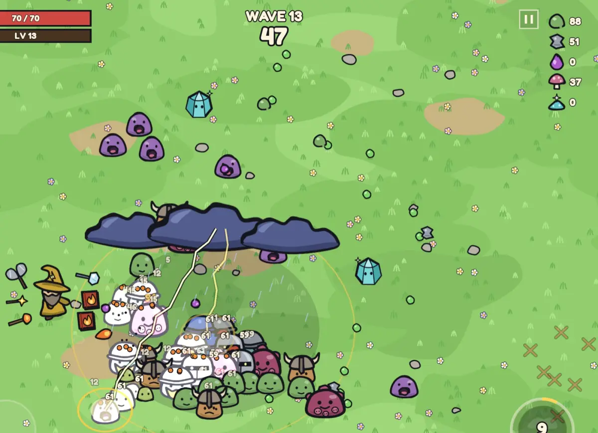 Hexbrew on an iPad: a storm cloud casts lightning into a crowd of slimes on wave 13, with the wizard and his weapons on the left