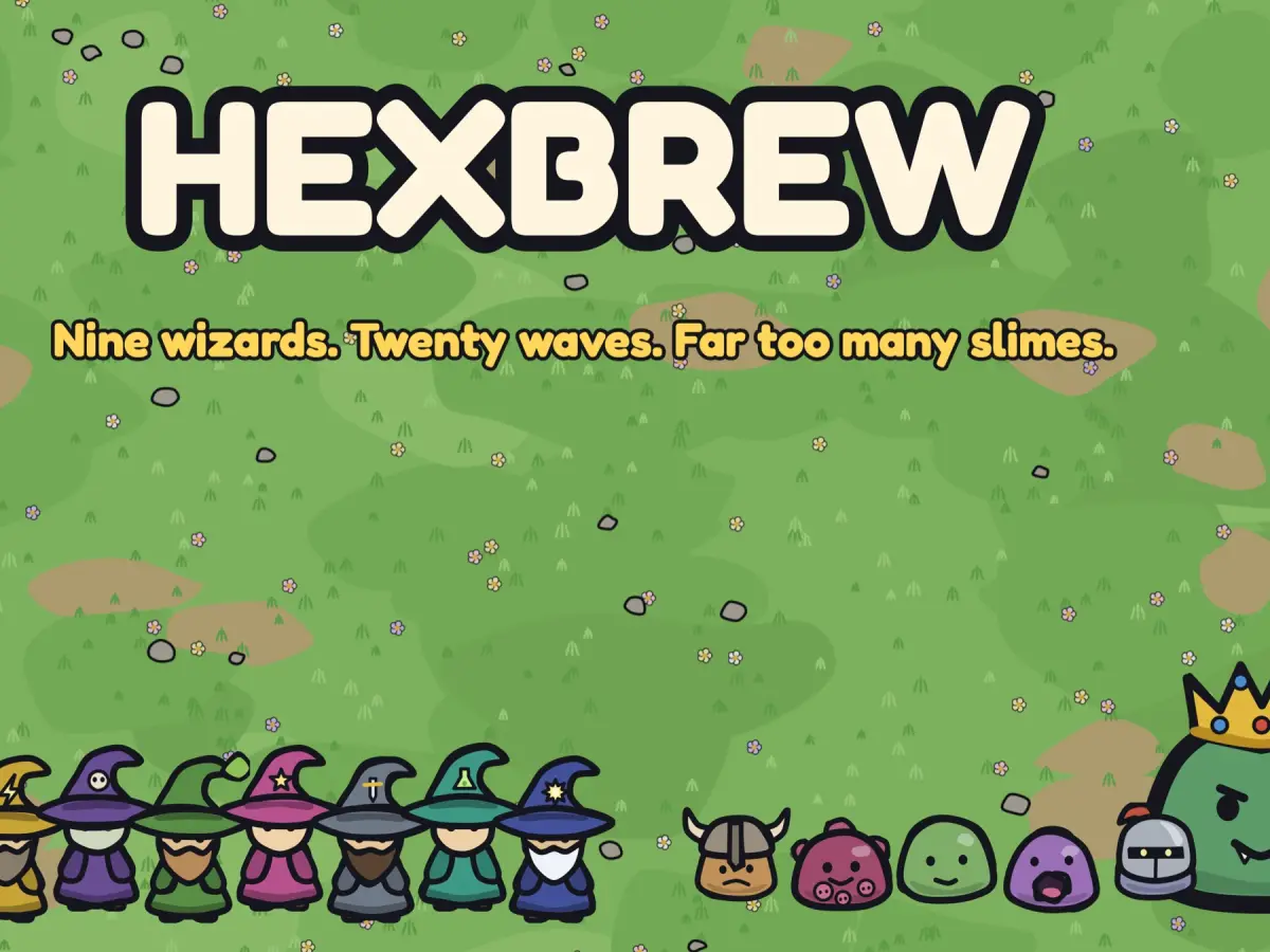 Hexbrew key art: the Hexbrew title and the line “Nine wizards. Twenty waves. Far too many slimes.” on a meadow, above nine wizards facing a row of slimes and the crowned King Slime
