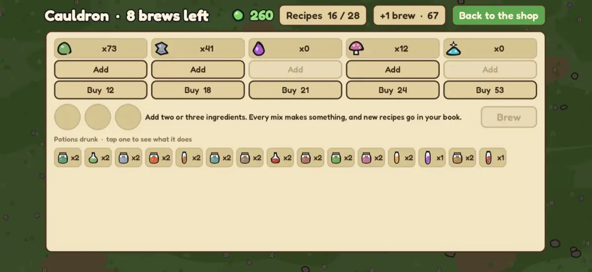 The cauldron screen: five ingredients to add or buy, slots to mix two or three of them, and a row of potions already drunk