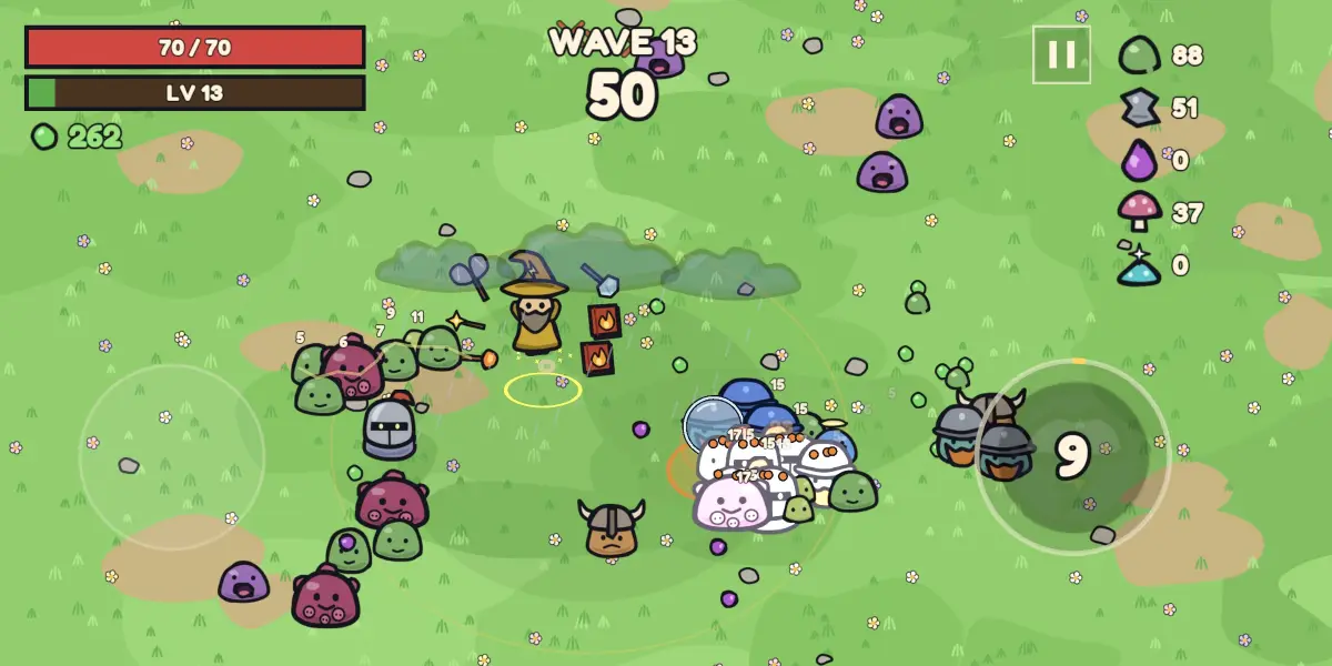 Hexbrew on an iPhone: a wizard in a yellow hat on wave 13, his weapons firing into a crowd of slimes, with the thumbstick and spell button at either side