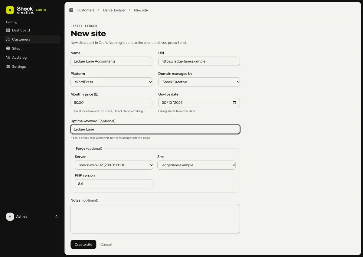 The new Site form: name, URL, platform, monthly price, go-live date, uptime keyword and Forge server and site dropdowns that fill in the PHP version